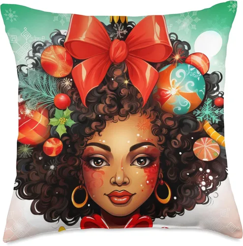 Vista 4 de Black women Christmas ornament melanin curly hair Melanin Christmas Queen Xmas Black Girl Magic Ornament - Almohada de 16 x 16 pulgadas, multicolor