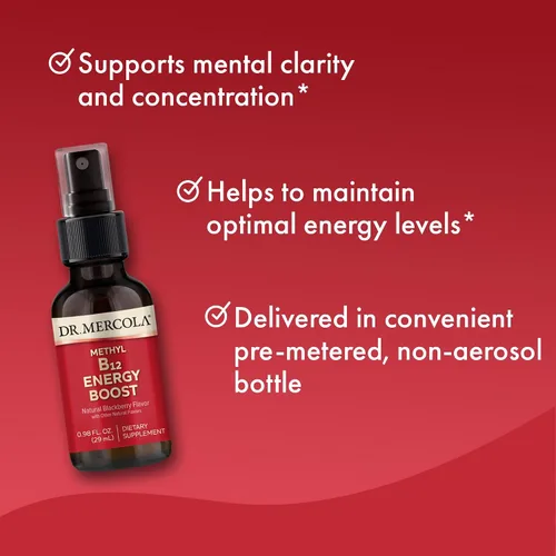 Vista 3 de Dr. Mercola Methyl B12 Energy Boost - Spray de absorción rápida - Vitamina B12 activa como metilcobalamina - Sabor natural de mora - 39 porciones