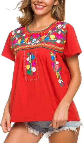 Vista 5 de YZXDORWJ - Cómoda blusa mexicana bordada de verano y sin mangas para mujer