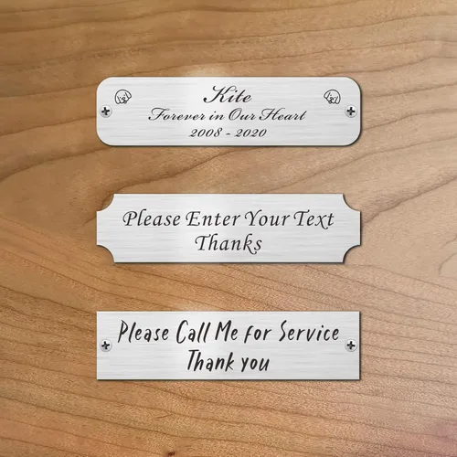 Vista 2 de 3" de ancho x 0.75" de alto, personalizadas, con grabado láser personalizado, etiquetas de nombres para armazones con imágenes, placas de acero
