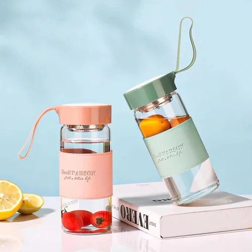 Vista 4 de Botellas de agua de vidrio de 16 onzas, botella de agua de borosilicato, con tapa de sellado y fundas y filtros, sin BPA, botella de vidrio portátil