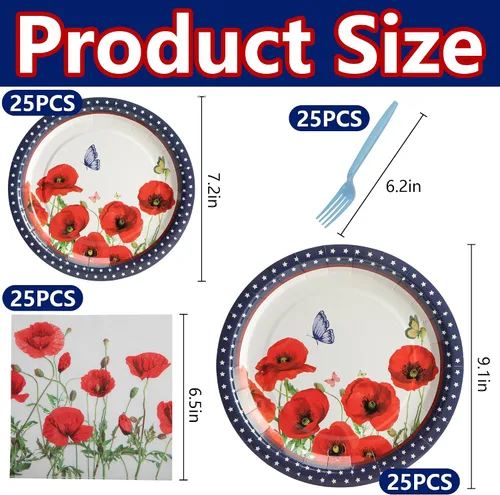 Vista 2 de Wehhbtye 100 platos y servilletas de flores de amapola del 4 de julio, platos de papel conmemorativos con tenedores, suministros desechables