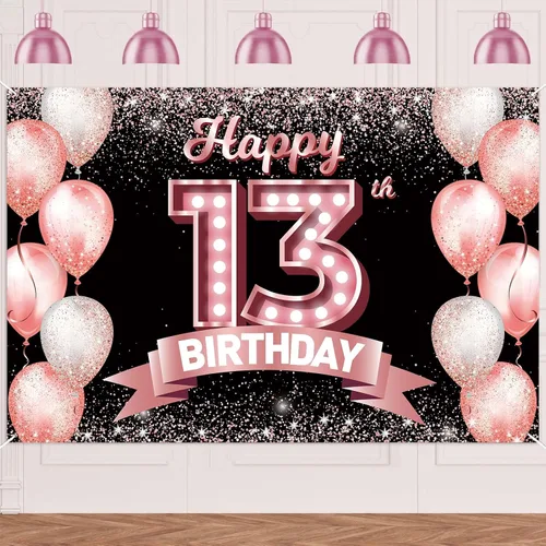 Vista 126 de Cartel de feliz cumpleaños décimo oro rosa, telón de fondo, saludos a 10 años, globos de confeti, decoración temática para niñas de 10 años