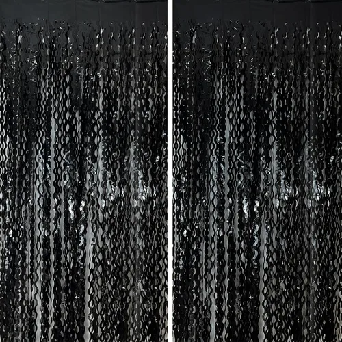 Vista 19 de Telón de fondo negro para decoraciones de fiesta, cortina de flecos de papel de aluminio ondulado, telón de fondo de fotos, cortina de oropel