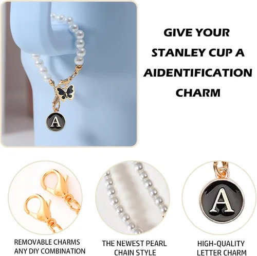 Vista 3 de Encanto de letra para Copa Stanley, accesorios de cadena de perlas, encantos de iniciales de Copa Stanley para asa, decoración de botella de agua
