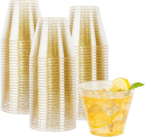 Vista 11 de I00000 100 vasos de plástico dorados, vasos de plástico transparente de 10 onzas con borde dorado, tazas de cerveza, taza dura desechable