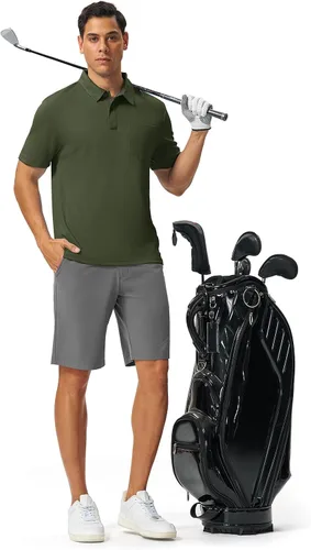 Vista 7 de BGOWATU Polo de golf para hombre, manga corta, cuello para tenis al aire libre Verde militar