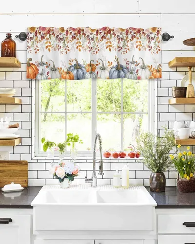 Vista 28 de Cenefa de cortina con lazo rojo de Navidad para ventanas, sala de estar, cocina, baño, granja, bolas de Navidad de acuarela con diseño de bayas
