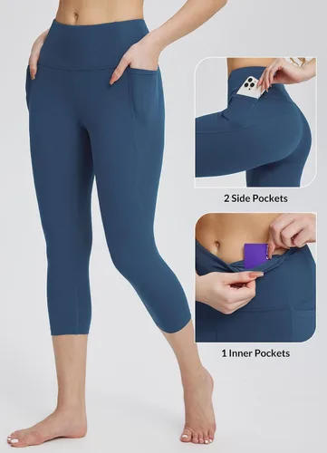 Vista 5 de baleaf Leggings capri para mujer con bolsillos de cintura alta para entrenamiento, yoga, correr, gimnasio, pantalones casuales de verano