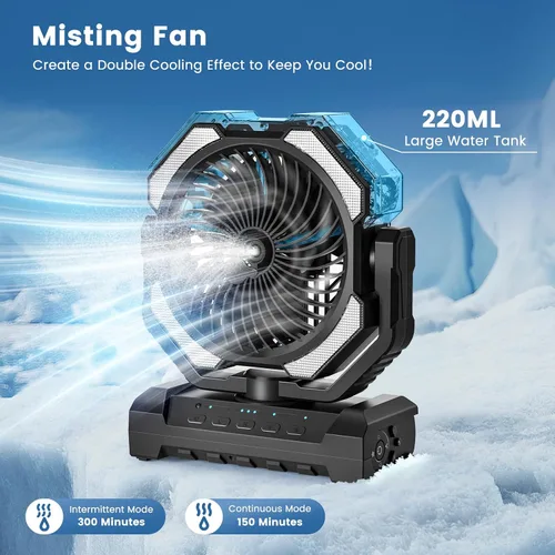 Vista 2 de Ventilador de Neblina Portátil de 20000mAh, Ventilador de Camping Recargable por USB con Luz LED, Operado por Batería para Exteriores, Tiendas