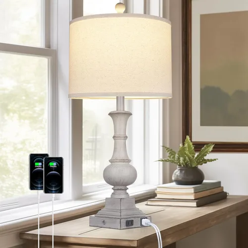 Vista 9 de 26" Farmhouse Lamp with 2 USB Ports & AC Outlet, Vintage Rustic Touch Control Bedside Lamp, Resin 3-Way Dimmable Nightstand Lamp Fabric Shade for