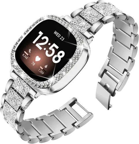 Vista 8 de Correa de reloj brillante compatible con Fitbit Versa 3/Fitbit Sense para mujer, correa ajustable de aleación de cristal con diamantes de imitación