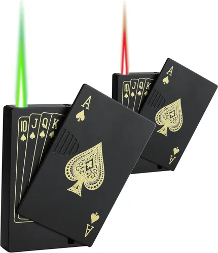 Vista 12 de Encendedor de antorcha de chorro, Ace Card Green Flame Lighter, diseño de póker de metal, resistente al viento, recargable, butano, encendedor