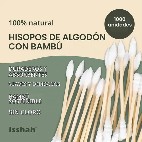 Vista 2 de Isshah - Hisopos de algodón de bambú natural, puntas puntiagudas y espirales, 1000