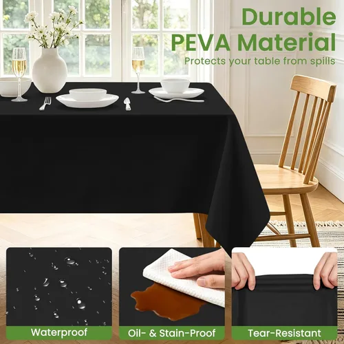Vista 4 de Paquete de 2 manteles rectangulares desechables color negro, manteles de plástico negro para fiestas, 54 x 108 pulgadas, mantel de campamento