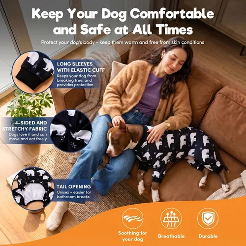 Vista 6 de LovinPet Mono grande para perros, camisas elásticas de algodón con estampado de animales, ropa completa para perros perfecta para evitar que lamen