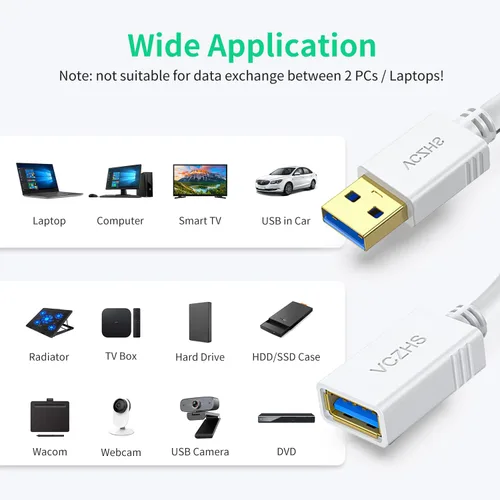 Vista 4 de VCZHS Tech Cable de extensión USB blanco de 1 pie, extensor USB 3.0 para transferencia de datos de alta velocidad y carga rápida, duradero