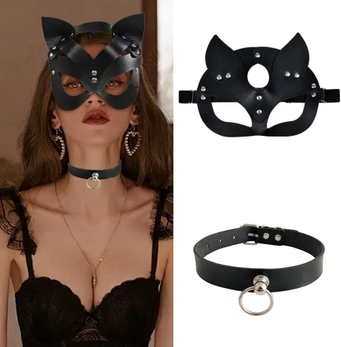 Vista 2 de Delicate Dew Conjunto de máscara y collar para mujer de Halloween, disfraz de gato sexy, accesorios punk para fiesta de disfraces