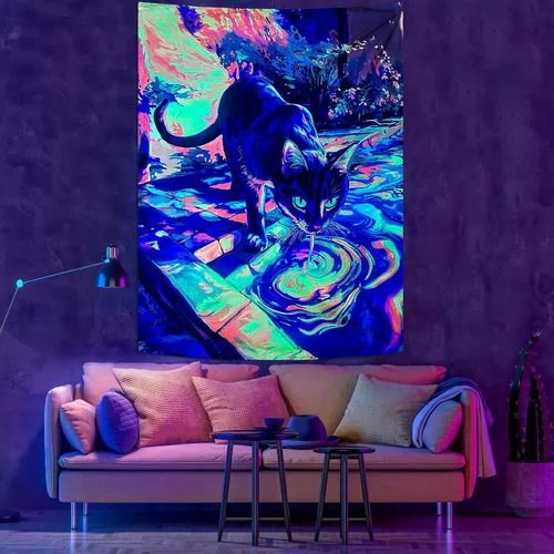 Vista 4 de Spenlife Blacklight - Fantástico tapiz de gato negro, tapiz de pared de gato reactivo que brilla con rayos UV para decoración de habitación, tapiz