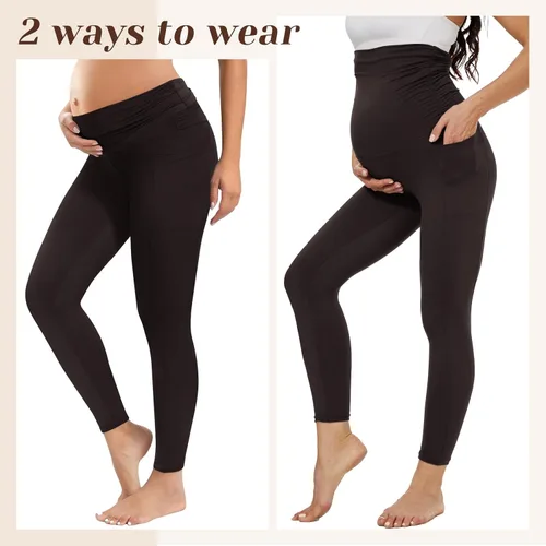 Vista 4 de Paquete de 2 leggings de maternidad con bolsillos sobre el vientre, pantalones negros para mujer, para entrenamiento, yoga, embarazo