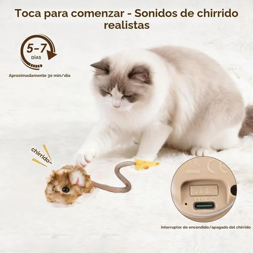 Vista 3 de Migipaws MigiMouse - Juguete interactivo para gatos de 360° con cola de plástico de malla para gatos de interior, sensor de movimiento inteligente
