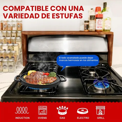 Vista 5 de GGC Plancha reversible de hierro fundido para estufa, sartén redonda de 12