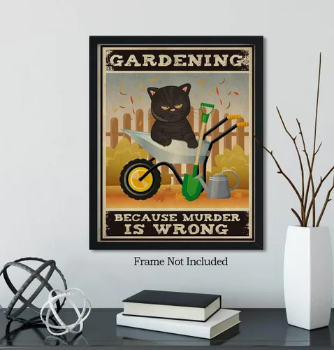 Vista 6 de Gardening Because Murder Is Wrong Room Decor - Retro Wall Decor for Kitchen Bakery Bathroom Bedroom - Funny Wall Art Gift for Women Men Cat Lovers