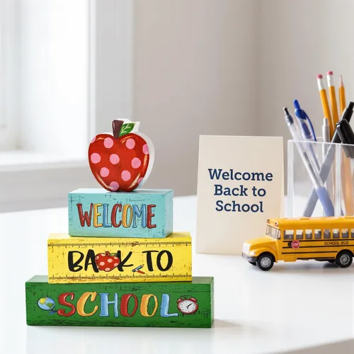Vista 4 de Letreros de escritorio de madera con forma de manzana, lápiz, regreso a clases, decoración de mesa para aula y oficina en casa, regalo escolar