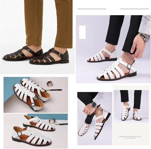 Vista 5 de Sandalias de pescador de playa planas y transpirables para hombre, sandalias tejidas antideslizantes con correas de tobillo para viajes al aire