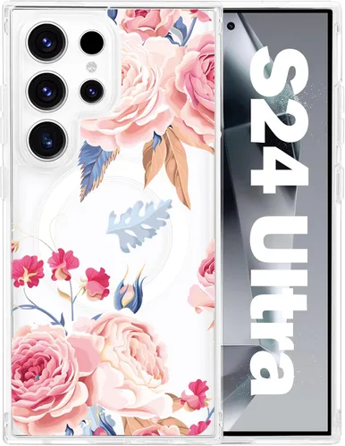 Vista 43 de Funda magnética para Samsung Galaxy S22 Ultra Flower, compatible con MagSafe, patrón floral transparente a prueba de golpes, parte trasera