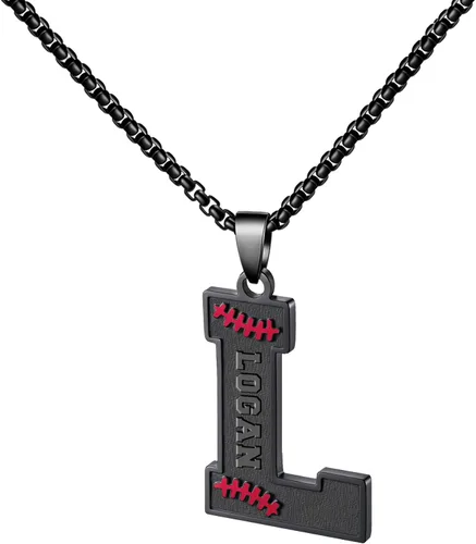 Vista 46 de Ldurian Collar personalizado con nombre de béisbol, cadena negra de acero inoxidable, collar con nombre deportivo, letra A-Z de 24 pulgadas, regalos