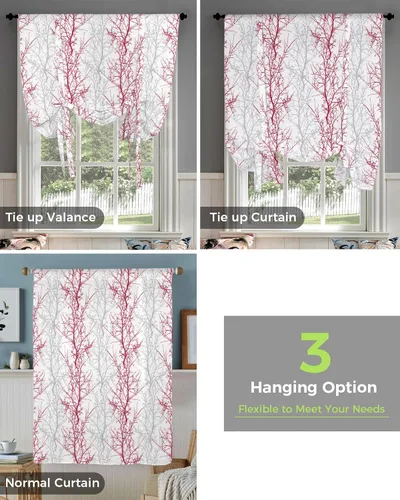 Vista 4 de Cenefa de amarre gris y rojo para cocina, sala de estar, cenefa de rama de árbol para ventanas, cenefa ajustable para ventana, bolsillo para barra