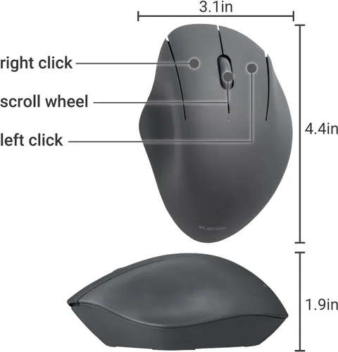 Vista 5 de ELECOM Ratón inalámbrico con forma ergonómica, 2.4 GHz con receptor, clic silencioso, duración de la batería de 20 meses, 2000 DPI, 3 botones