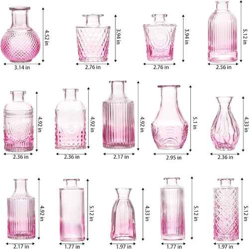 Vista 8 de Juego de 24 jarrones pequeños de cristal rosa para centros de mesa de fiesta Flaco, Floral, Boda, Jardín, Decoraciones de Mesa, Entradas, Hogar