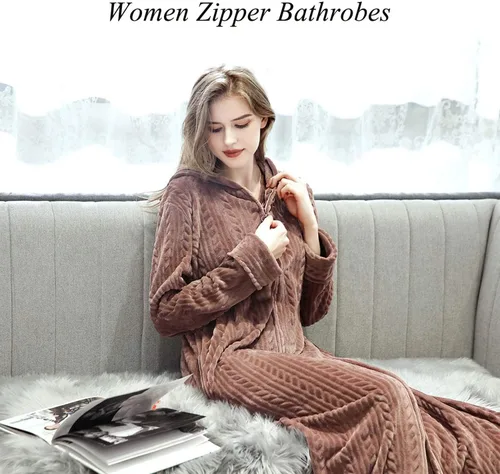 Vista 3 de Hellomamma Bata de baño larga con capucha y cremallera para mujer, bata de franela de forro polar, abrigo de invierno cálido para el hogar, camisón