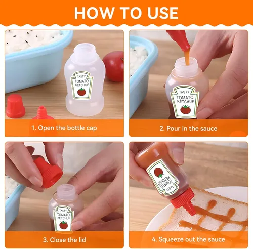 Vista 4 de Fantasyon 12 mini botellas de ketchup para accesorios de caja Bento, botellas exprimibles de condimentos de 0.8 fl oz, contenedor de salsa