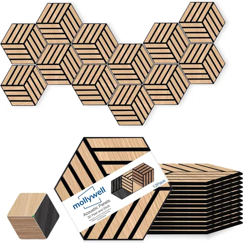 Vista 15 de Mollywell Paneles acústicos, grano de madera de PVC, azulejos de pared tallados en hexágono a prueba de sonido, fieltro autoadhesivo de alta