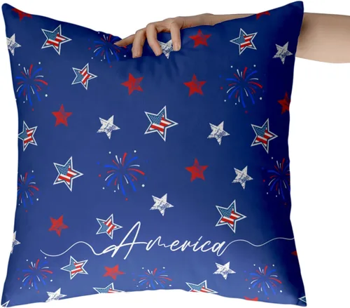 Vista 3 de Juego de 2 fundas de almohada patrióticas para exteriores, diseño de estrellas azules del 4 de julio, 16 x 16 pulgadas, fundas de almohada