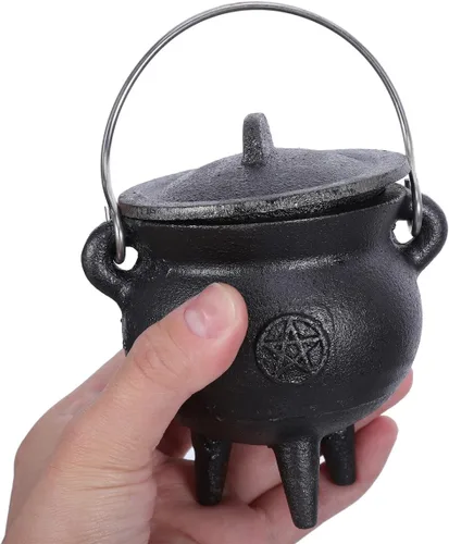 Vista 6 de DOITOOL Caldero de hierro fundido con tapa y asa, caldero de bruja de Halloween, olla de bruja negra para manchar, quemar incienso, decoración
