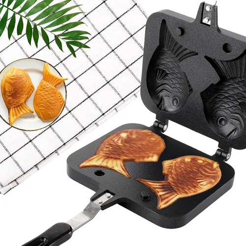 Vista 9 de ZOOFOX Molde para pastel Taiyaki en forma de pez, sartén para freír con revestimiento antiadherente con mango largo, molde para hornear panqueques