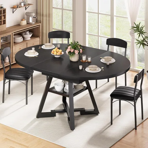 Vista 3 de Mesa de comedor redonda extensible de 43 a 57 pulgadas para 4-6, moderna mesa de comedor ovalada de cocina industrial con hojas extraíbles, base