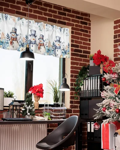 Vista 4 de Cenefas de cortina de Navidad con diseño de muñeco de nieve para ventanas, cenefas de ventana de hojas de eucalipto, bolsillo para barra, cortinas