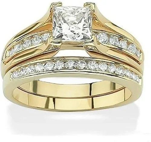 Vista 2 de His & Her 14K.G.P., conjuntos de anillos de compromiso y de bodas de 3 piezas en acero inoxidable para mujer y hombre.