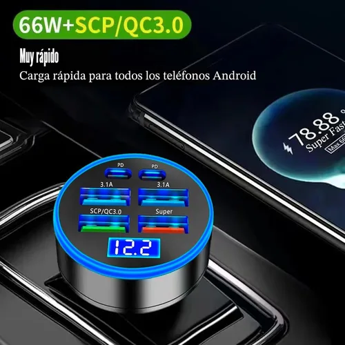 Vista 6 de Adaptador De Carga Súper Rápida USB C Para Coche Y Teléfono 6 En 1 Con Pantalla De Voltaje 250W Carga USB De Encendedor De Cigarrillos De Múltiples