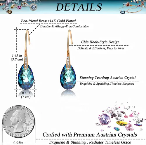 Vista 4 de Aretes colgantes en forma de lágrima de cristal austriaco para mujer, aretes con gancho chapados en oro rosa de 14 quilates, joyería hipoalergénica