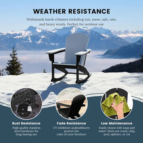 Vista 4 de HDPE Laguna Silla mecedora Adirondack de polietileno para exteriores (juego de 2), color negro