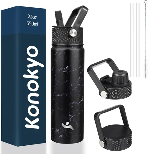 Vista 79 de Konokyo - Botella de agua aislada de 18 onzas, botellas deportivas de acero inoxidable con 3 tapas, verde militar