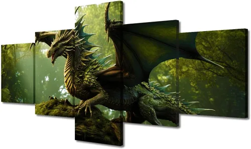 Vista 44 de Lienzo decorativo para pared de sala de estar, lienzo de dragón, 5 paneles, dragón verde, decoración de pared para el hogar, decoración de pared