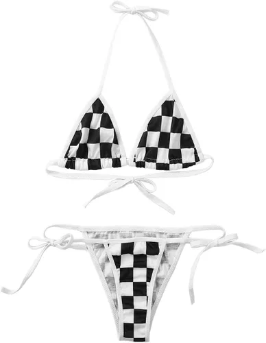 Vista 5 de JEATHA Conjunto de bikini triangular estilo japonés para mujer, brasier halter con parte inferior con lazo lateral