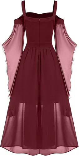 Vista 3 de Vestido punk gótico para mujer, con hombros descubiertos, manga de mariposa, vestido de Halloween, vestido de fiesta de cosplay de Navidad